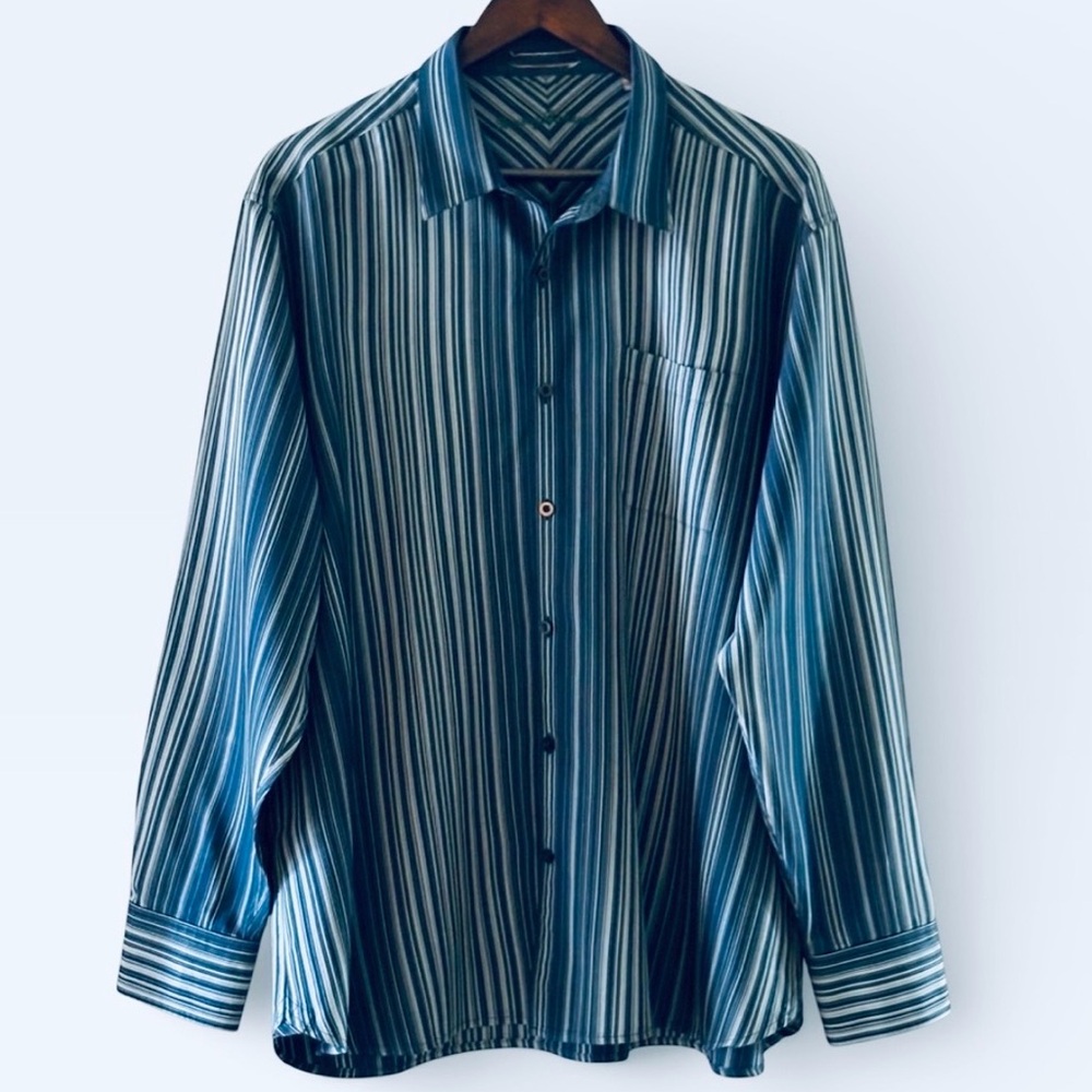 TOMMY BAHAMA Men’s‎ Striped 100% Silk Button Down Shirt | Navy Green White |  XL